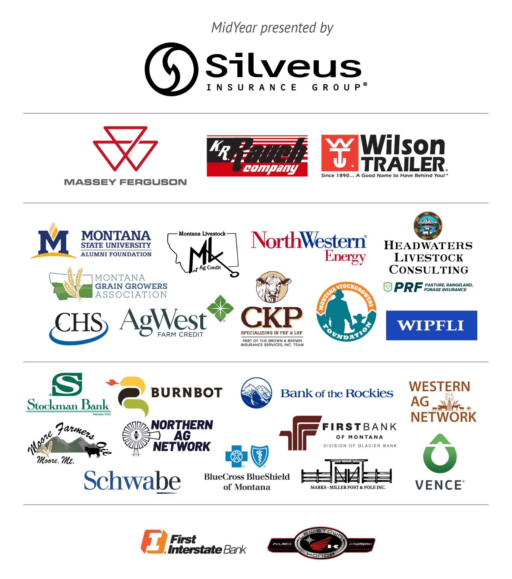 Sponsor logos collage featuring Silveus Insurance Group at top with many partner logos below (Massey Ferguson, Wilson Trailer, Montana State University Foundation, First Bank, etc.).